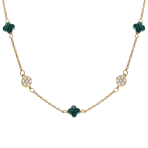 COLLIER ARGENT DORÉ TREFLE EN VERRE VERT MALACHITE IMITATION ET PASTILLE OXYDES BLANCS 42+3CM