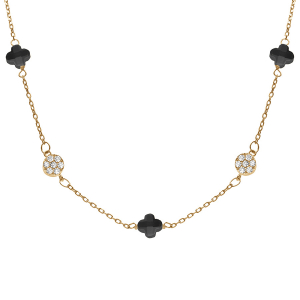 COLLIER ARGENT DORÉ TREFLE EN VERRE NOIR ET PASTILLE OXYDES BLANCS 42+3CM