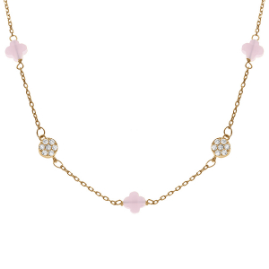 COLLIER ARGENT DORÉ TREFLE EN VERRE ROSE ET PASTILLE OXYDES BLANCS 42+3CM