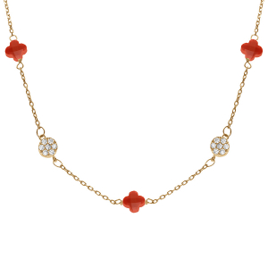 COLLIER ARGENT DORÉ TREFLE EN VERRE CORAIL ET PASTILLE OXYDES BLANCS 42+3CM