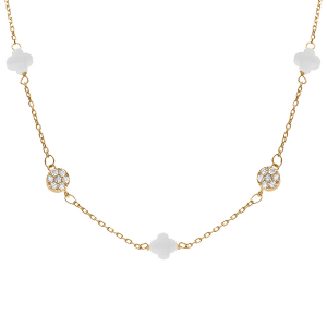 COLLIER ARGENT DORÉ TREFLE EN VERRE BLANC ET PASTILLE OXYDES BLANCS 42+3CM