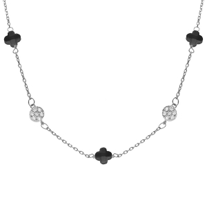 COLLIER ARGENT RHODIÉ TREFLE EN VERRE NOIR ET PASTILLE OXYDES BLANCS 42+3CM