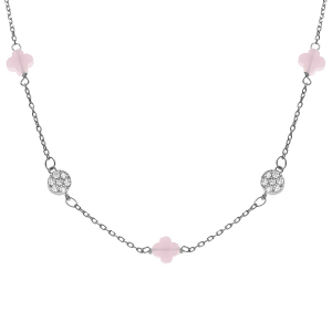 COLLIER ARGENT RHODIÉ TREFLE EN VERRE ROSE ET PASTILLE OXYDES BLANCS 42+3CM