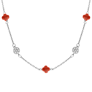 COLLIER ARGENT RHODIÉ TREFLE EN VERRE CORAIL ET PASTILLE OXYDES BLANCS 42+3CM