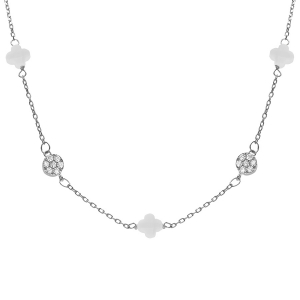 COLLIER ARGENT RHODIÉ TREFLE EN VERRE BLANC ET PASTILLE OXYDES BLANCS 42+3CM