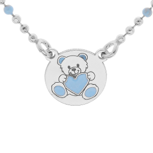 COLLIER ARGENT RHODIÉ BOULES RONDELLE AVEC OURSON RÉSINE BLEU 36+3CM
