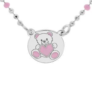 COLLIER ARGENT RHODIÉ BOULES RONDELLE AVEC OURSON RÉSINE ROSE 36+3CM