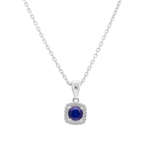 COLLIER ARGENT RHODIE PENDENTIF SAPHIR VÉRITABLE CONTOUR FORME CARRÉ TOPAZES BLANCHES SERTIES 42+3CM