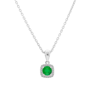 COLLIER ARGENT RHODIE PENDENTIF EMERAUDE VÉRITABLE CONTOUR FORME CARRÉ TOPAZES BLANCHES SERTIES 42+3CM