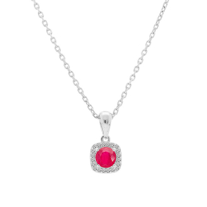 COLLIER ARGENT RHODIE PENDENTIF RUBIS VÉRITABLE ET CONTOUR FORME CARRÉ TOPAZES BLANCHES SERTIES 42+3CM