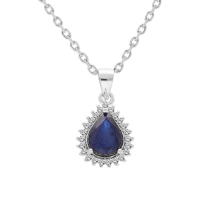 COLLIER ARGENT RHODIÉ PENDENTIF SAPHIR FORME GOUTTE 8X6 CONTOUR TOPAZES BLANCHES SERTIES 42+3CM