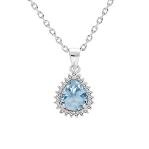 COLLIER ARGENT RHODIE PENDENTIF TOPAZE BLEUE VÉRITABLE FORME GOUTTE 8X6 CONTOUR OXYDES BLANCS SERTIS 42+3CM