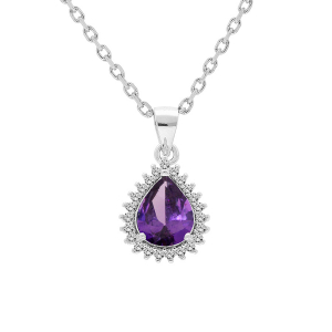 COLLIER ARGENT RHODIE PENDENTIF AMETHYSTE VÉRITABLE FORME GOUTTE 8X6 CONTOUR OXYDES BLANCS SERTIS 42+3CM