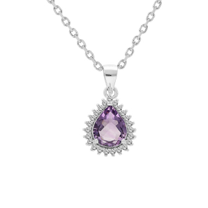 COLLIER ARGENT RHODIÉ PENDENTIF AMETHYSTE VÉRITABLE FORME GOUTTE 8X6 CONTOUR OXYDES BLANCS SERTIS 42+3CM