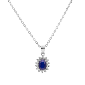 COLLIER ARGENT RHODIÉ PENDENTIF SAPHIR VÉRITABLE CONTOUR TOPAZES BLANCHES SERTIES 42+3CM
