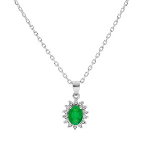 COLLIER ARGENT RHODIÉ PENDENTIF EMERAUDE VÉRITABLE CONTOUR TOPAZES BLANCHES SERTIES 42+3CM
