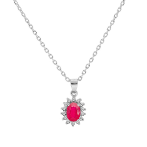 COLLIER ARGENT RHODIÉ PENDENTIF RUBIS VÉRITABLE CONTOUR TOPAZES BLANCHES SERTIES 42+3CM