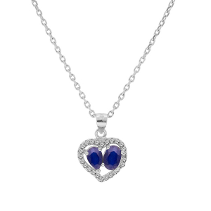 COLLIER ARGENT RHODIE PENDENTIF FORME COEUR 2 SAPHIRS VÉRITABLES ET CONTOUR TOPAZES BLANCHES SERTIES 42+3CM