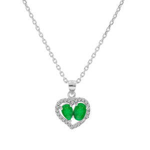 COLLIER ARGENT RHODIE PENDENTIF FORME COEUR 2 EMERAUDES VÉRITABLES CONTOUR TOPAZES BLANCHES SERTIES 42+3CM