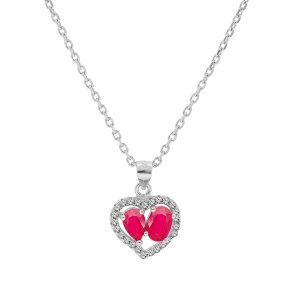 COLLIER ARGENT RHODIE PENDENTIF FORME COEUR 2 RUBIS VÉRITABLES CONTOUR TOPAZES BLANCHES SERTIES 42+3CM