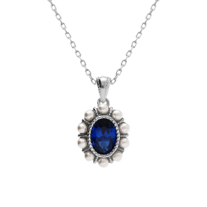 COLLIER ARGENT RHODIÉ PENDENTIF OXYDE CENTRALE BLEU CONTOUR PERLE BLANCHE IMITATION 42+3CM