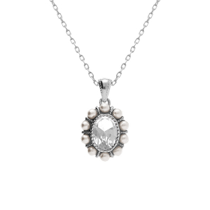 COLLIER ARGENT RHODIÉ PENDENTIF OXYDE CENTRALE BLANC CONTOUR PERLE BLANCHE IMITATION 42+3CM