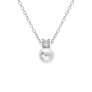 COLLIER ARGENT RHODIÉ PERLE BLANCHE IMITATION 6MM ET OXYDE BLANC 42+3CM