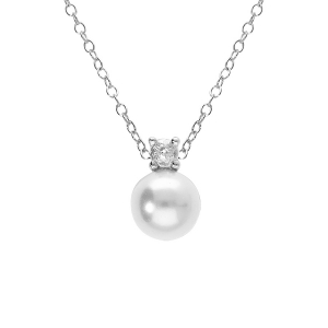 COLLIER ARGENT RHODIÉ PERLE BLANCHE IMITATION 8MM ET OXYDE BLANC 42+3CM
