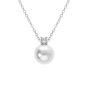 COLLIER ARGENT RHODIÉ PERLE BLANCHE IMITATION 10MM ET OXYDE BLANC 42+3CM