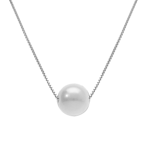COLLIER ARGENT RHODIÉ CHAINE VENITIENNE PERLE BLANCHE IMITATION 8MM 42+3CM