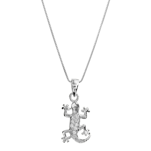 COLLIER ARGENT RHODIÉ PENDENTIF SALAMANDRE OXYDES BLANCS SERTIS 42+3CM