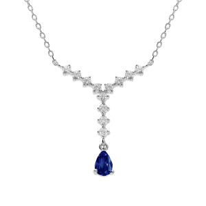 COLLIER ARGENT RHODIÉ FORME CRAVATE OXYDE CENTRALE BLEU ET OXYDES BLANCS SERTIS 42+3CM