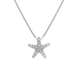 COLLIER ARGENT RHODIÉ PENDENTIF ETOILE DE MER  OXYDES BLANCS SERTIS  42+3CM