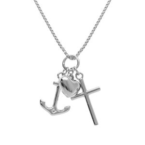 COLLIER ARGENT RHODIÉ PENDENTIF CROIX ANCRE ET COEUR  42+3CM