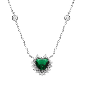 COLLIER ARGENT RHODIÉ COEUR OXYDE VERT CENTRAL ET CONTOUR OXYDES BLANCS SERTIS  42+3CM