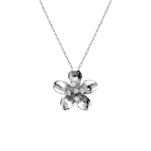 COLLIER ARGENT RHODIÉ FLEUR ET OXYDES BLANCS SERTIS 40+5CM