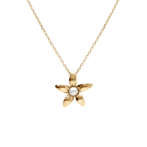 COLLIER ARGENT DORÉ PENDENTIF PETITE FLEUR ET PERLE BLANCHE IMITATION 40+5CM
