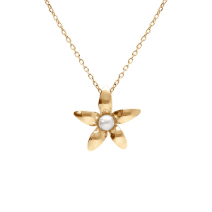 COLLIER ARGENT DORÉ PENDENTIF PETITE FLEUR ET PERLE BLANCHE IMITATION 40+5CM