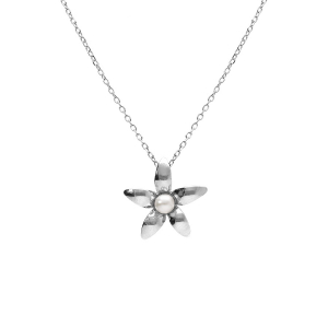 COLLIER ARGENT RHODIÉ PENDENTIF PETITE FLEUR ET PERLE BLANCHE IMITATION 40+5CM