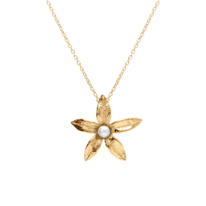 COLLIER ARGENT DORÉ FLEUR ET PERLE BLANCHE IMITATION 40+5CM