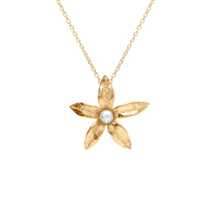 COLLIER ARGENT DORÉ FLEUR ET PERLE BLANCHE IMITATION 40+5CM