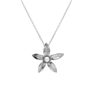 COLLIER ARGENT RHODIÉ FLEUR ET PERLE BLANCHE IMITATION 40+5CM