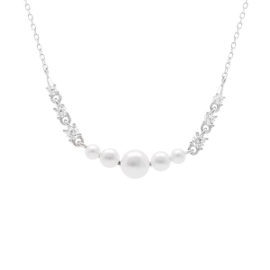 COLLIER ARGENT RHODIÉ PENDENTIF 3 PERLES BLANCHE IMITATION ET OXYDES BLANCS 42+3CM
