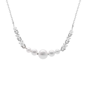 COLLIER ARGENT RHODIÉ PENDENTIF 5 PERLES BLANCHE IMITATION ET OXYDES BLANCS 42+3CM