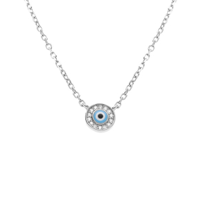 COLLIER ARGENT RHODIÉ PENDENTIF ROND OEIL DE LA CHANCE OXYDES BLANCS SERTIS  40+4CM