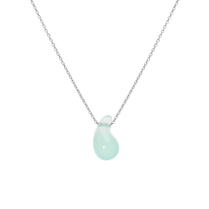 COLLIER ARGENT RHODIÉ GOUTTE EN VERRE VERT D'EAU 40+5CM