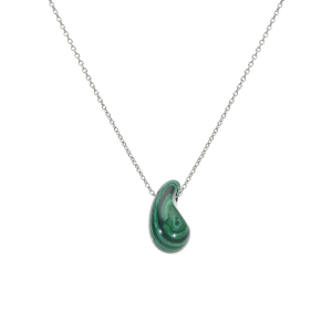 COLLIER ARGENT RHODIÉ GOUTTE EN VERRE MALACHITE IMITATION 40+5CM