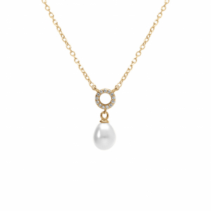 COLLIER ARGENT DORÉ CERCLE OXYDES BLANCS SERTIS ET PERLE BLANCHE IMITATION 38+5CM