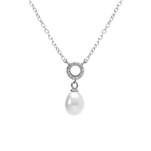 COLLIER ARGENT RHODIÉ CERCLE OXYDES BLANCS SERTIS ET PERLES BLANCHES IMITATION 38+5CM