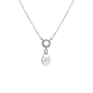 COLLIER ARGENT RHODIÉ CERCLE OXYDES BLANCS SERTIS ET PERLES BLANCHES IMITATION 38+5CM